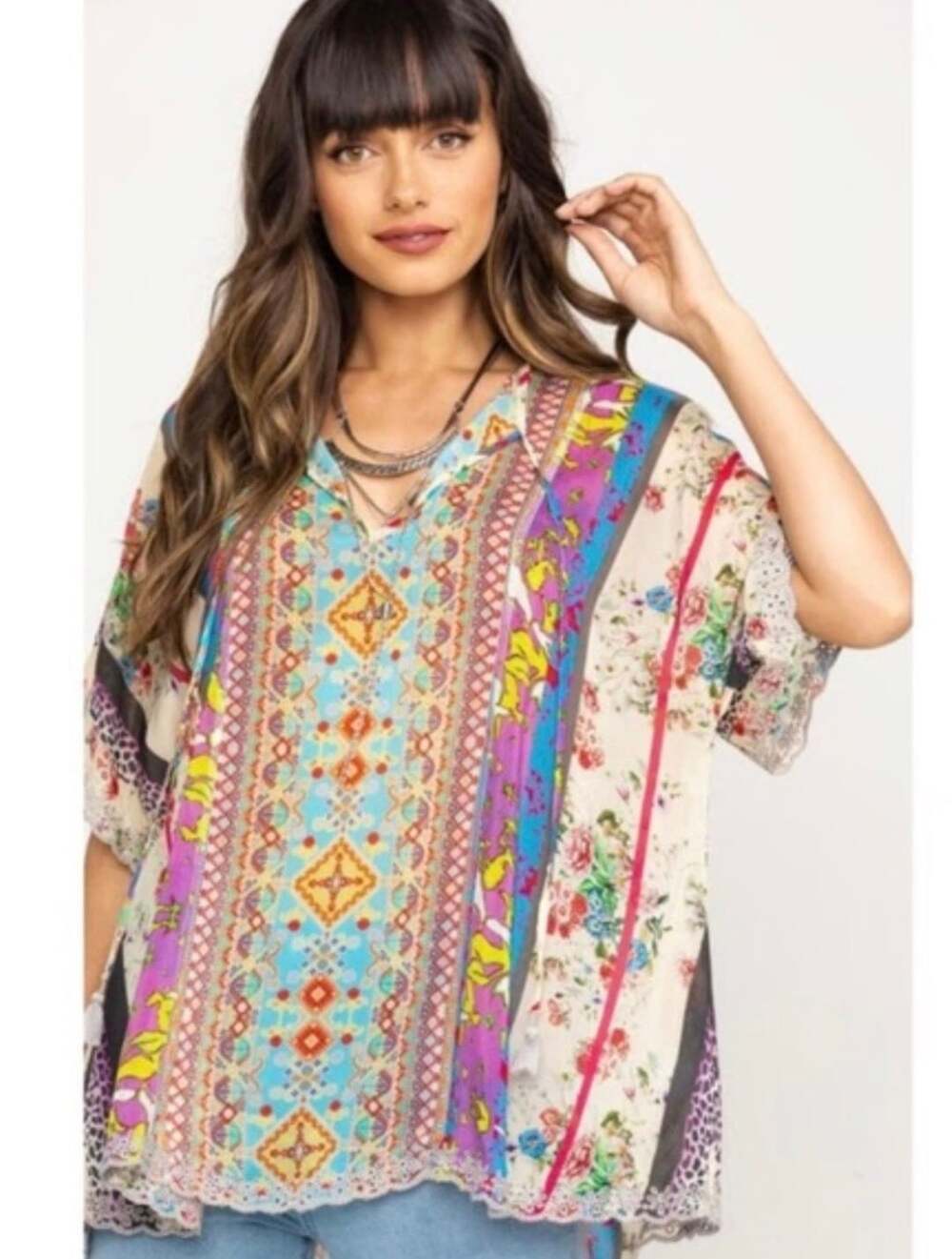 Johnny Was Boho Patchwork Tunic Top Size L Floral Animal Print Tassel Tie